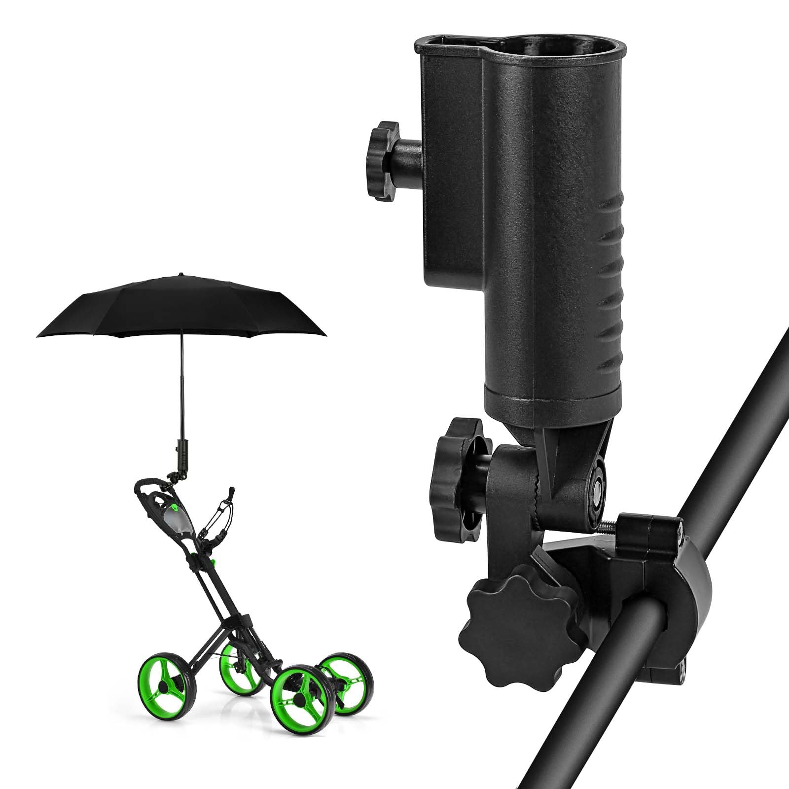 Heavy-duty Golf Push Cart Umbrella Holder for Stroller Bicycle Bike Wheelchair Mobility Scooter Beach Chair 180°Adjustable Aluminum Base Windproof Universal Umbrella Holder Mount Kit