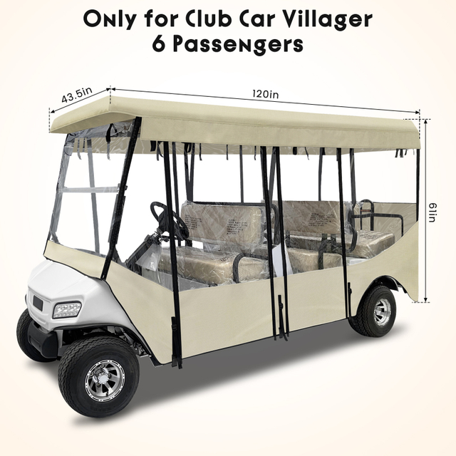 Golf Cart Enclosure for 6 Passenger for Club Car Villager, Waterproof Windproof Driving Rain Cover with 4-Sided Clear Windows Roll-Up Zipper Door - Beige