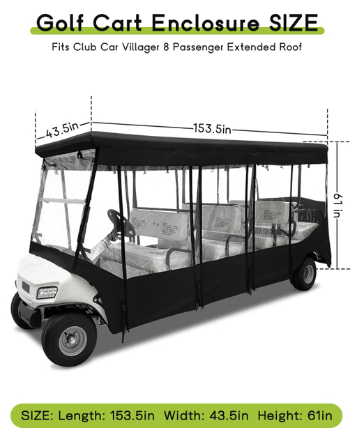 Golf Cart Enclosure for 8 Passenger for Club Car Villager, Waterproof Windproof Driving Rain Cover with 4-Sided Clear Windows Roll-Up Zipper Door