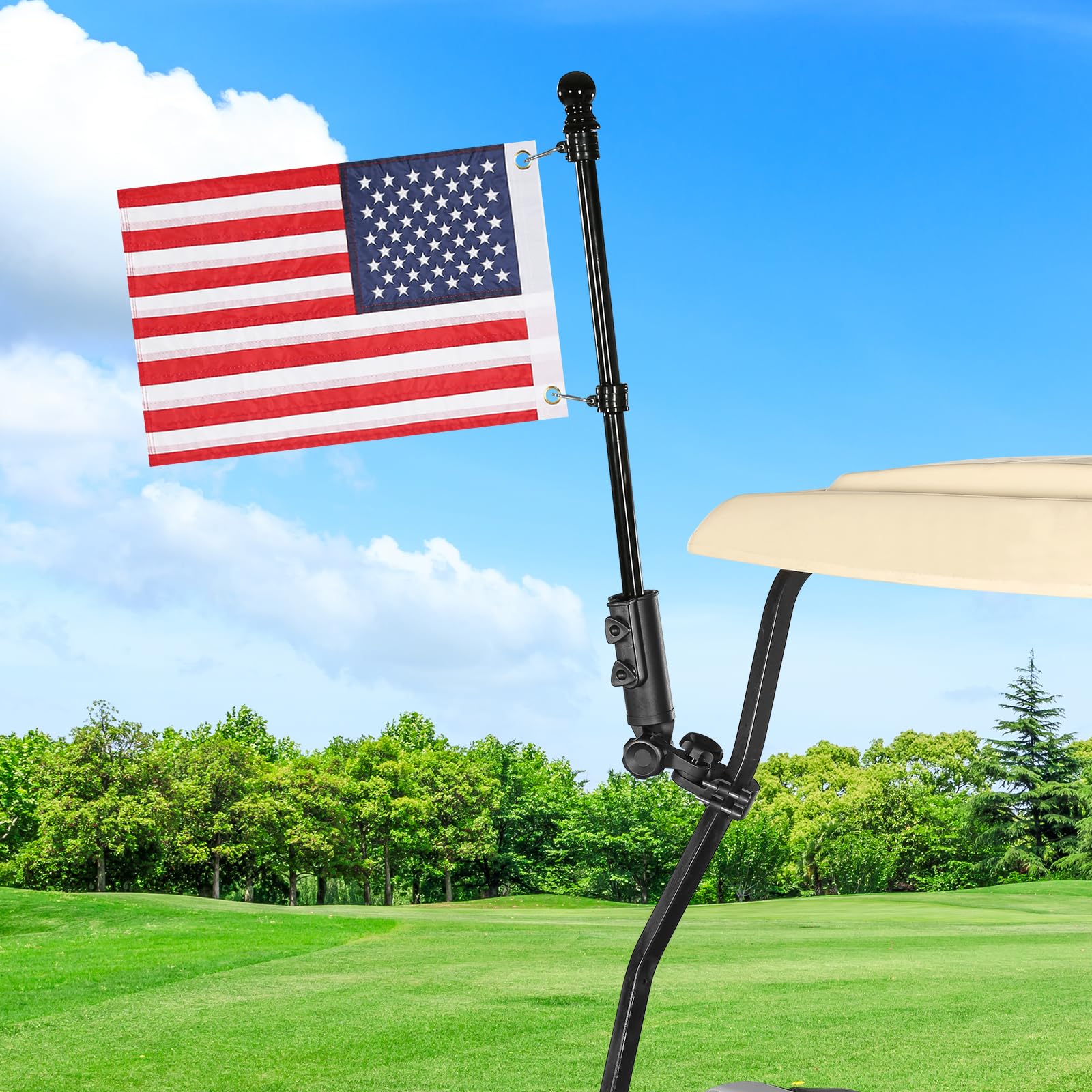 Golf Cart Flag Holder with USA Flag Pole Mount Kit Set Fit for EZGO TXT RXV Club Car Precedent Tempo DS Yamaha Boat Heavy Duty Windproof Bracket Set (with Flag 12x18 Inch)
