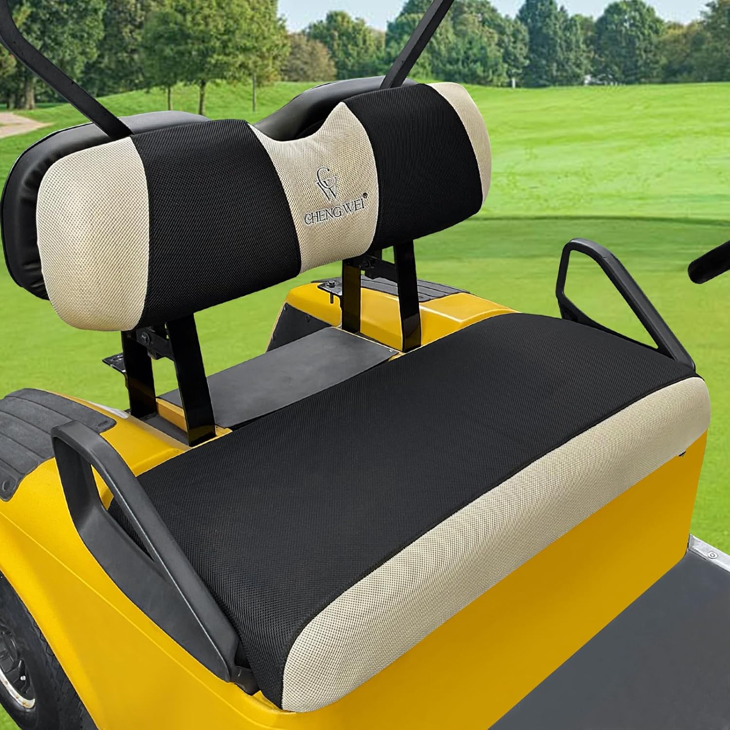 Golf Cart Seat Covers Fit for EZGO TXT RXV Club Car DS After 2000 Front Standard Seat,Stretchy Breathable Fabric Washable (Black&Beige)