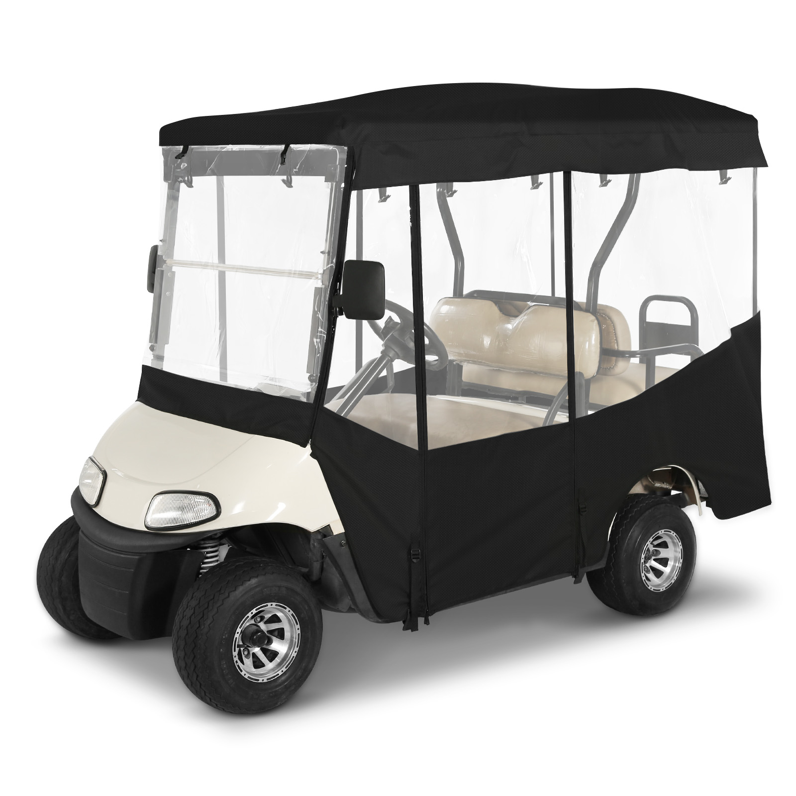 Golf Cart Enclosures Rain Cover 4 Passenger for Ezgo RXV Extended Roof,4 Sided Roll Up Clear PVC Windows(Black)