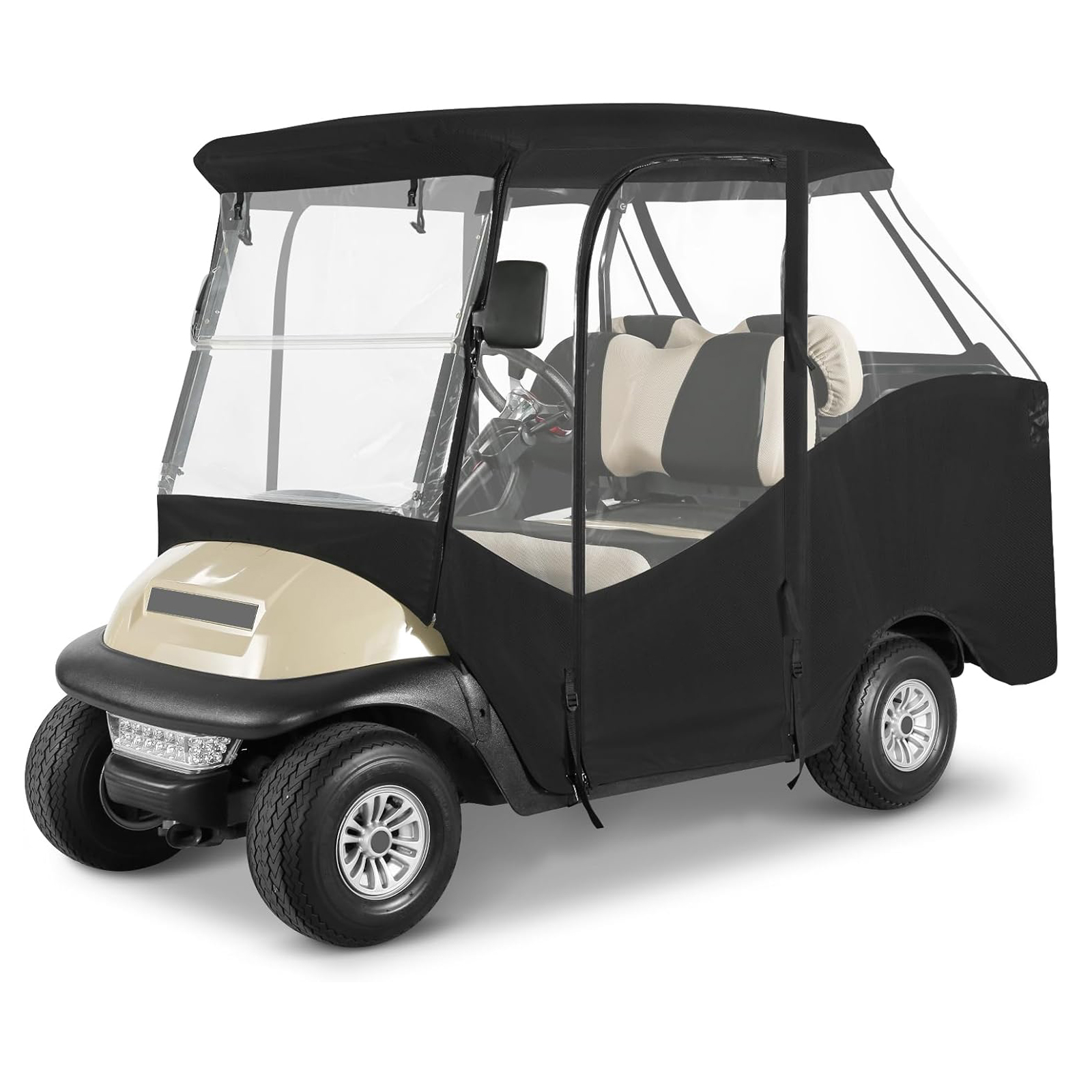 Golf Cart Enclosure for Short Roof 4 Passenger for Club car Precedent / DS / EZGO TXT / RXV / YAMAHA G29, Waterproof Windproof Driving Rain Cover with 4-Sided Clear Windows Side Roll-Up Zipper Door