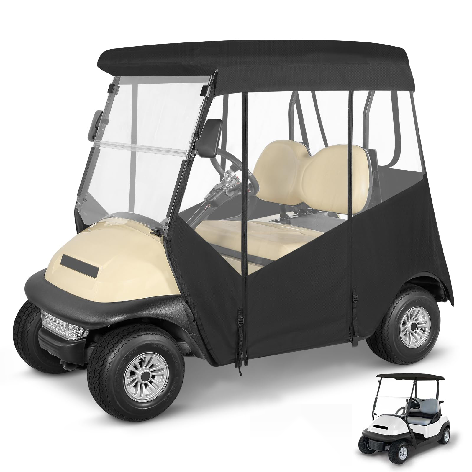 Golf Cart Enclosure No Windshield Curtain Rain Cover 2 Passenger for Club Car Precedent Short Roof(Black)