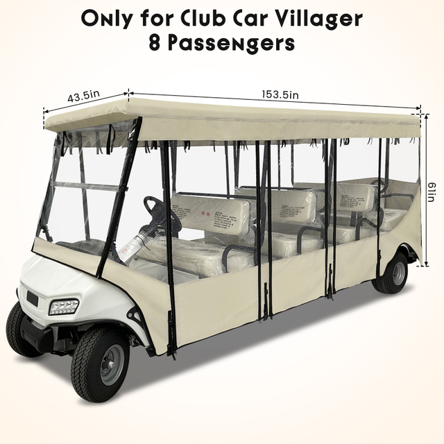 Golf Cart Enclosure for 8 Passenger for Club Car Villager, Waterproof Windproof Driving Rain Cover with 4-Sided Clear Windows Roll-Up Zipper Door - Beige