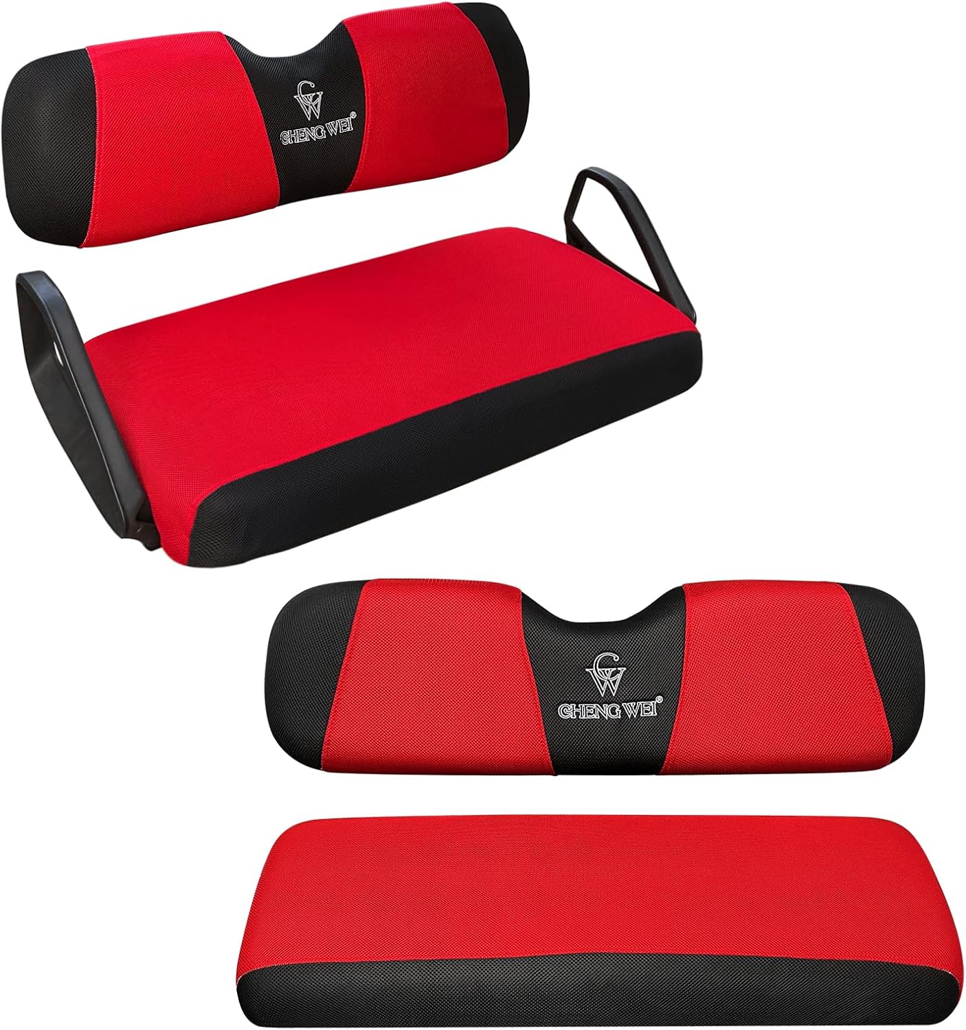 Golf Cart Seat Covers Kit,for EZGO TXT RXV and Club Car DS 2000 UP Front and Rear Seat Covers Stretchy Breathable Washable（Red&Black）