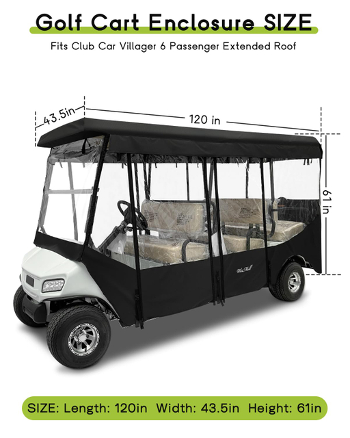 Golf Cart Enclosure for 6 Passenger for Club Car Villager, Waterproof Windproof Driving Rain Cover with 4-Sided Clear Windows Roll-Up Zipper Door