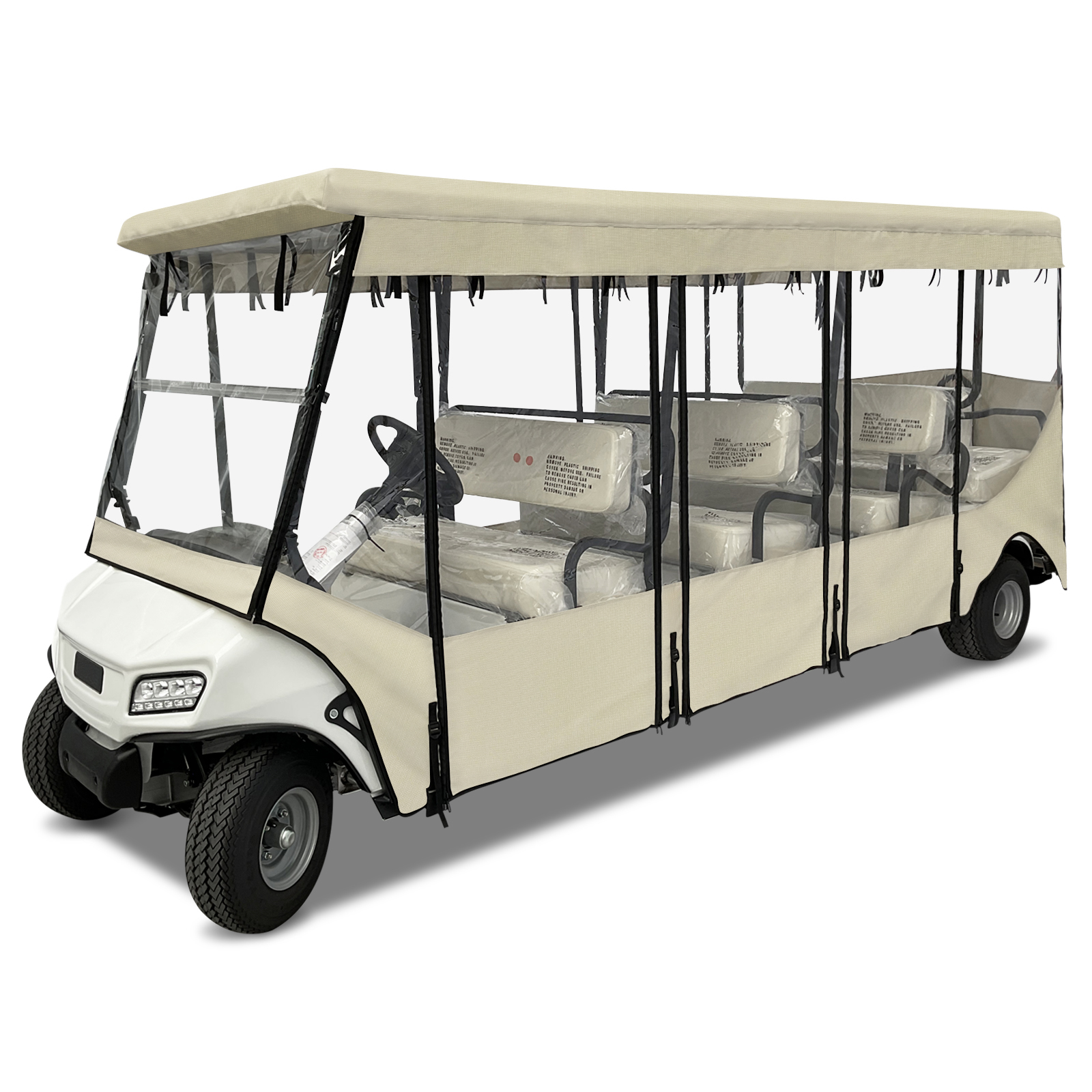 Golf Cart Enclosure for 8 Passenger for Club Car Villager, Waterproof Windproof Driving Rain Cover with 4-Sided Clear Windows Roll-Up Zipper Door - Beige