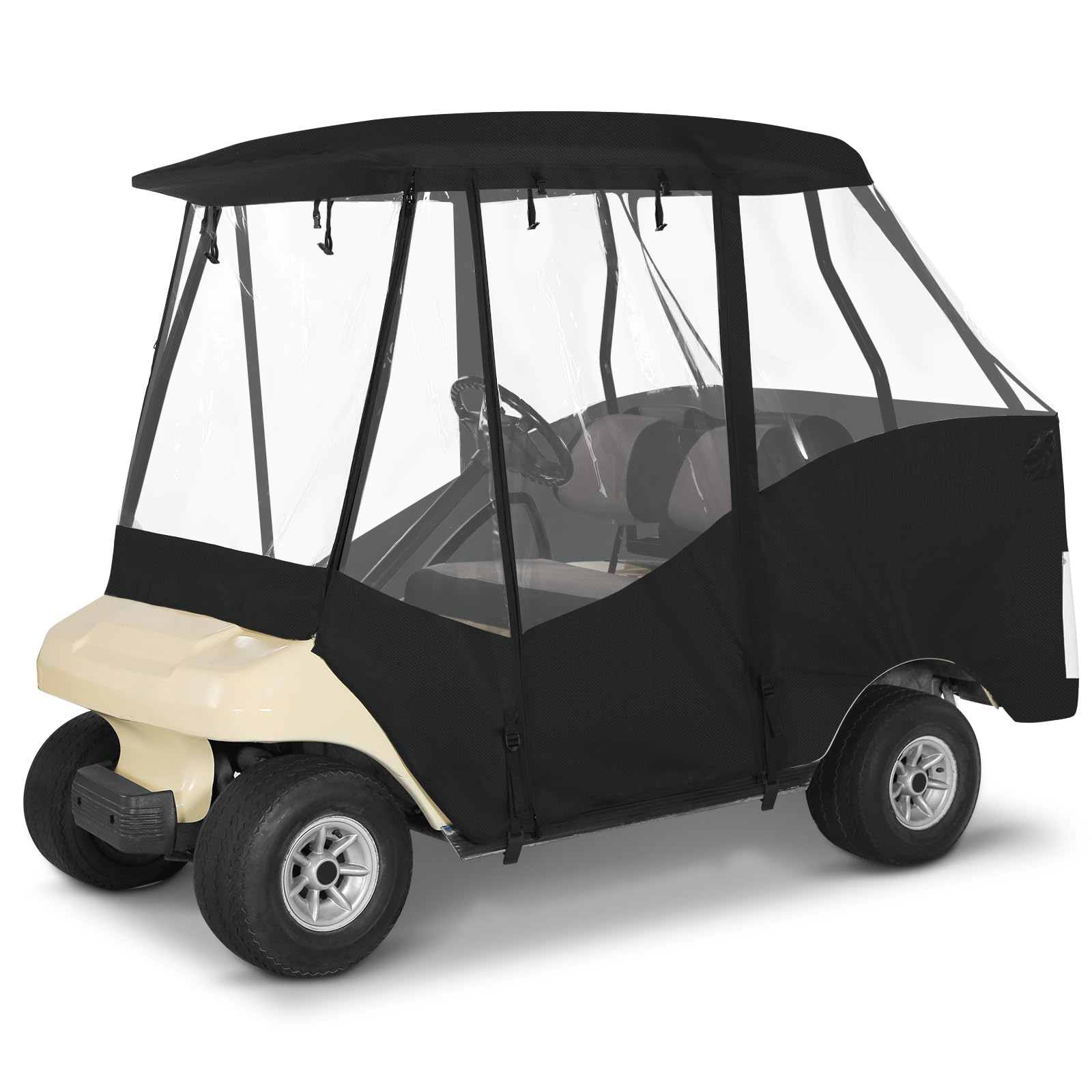 Golf Cart Enclosure for Short Roof 4 Passenger for Club car Precedent / DS / EZGO TXT / RXV / YAMAHA G29, Waterproof Windproof Driving Rain Cover with 4-Sided Clear Windows Roll-Up Zipper Door