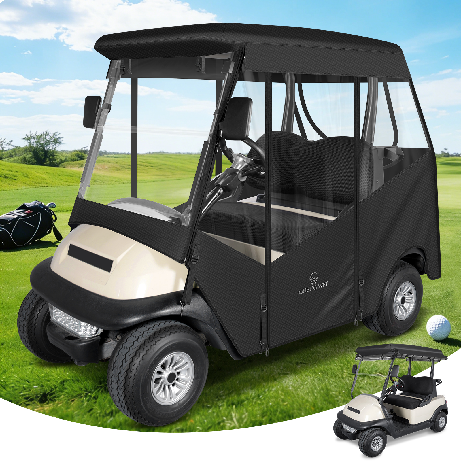 2 Passenger Golf Cart Enclosure for Club Car Precedent 600D Waterproof Driving Rain Cover