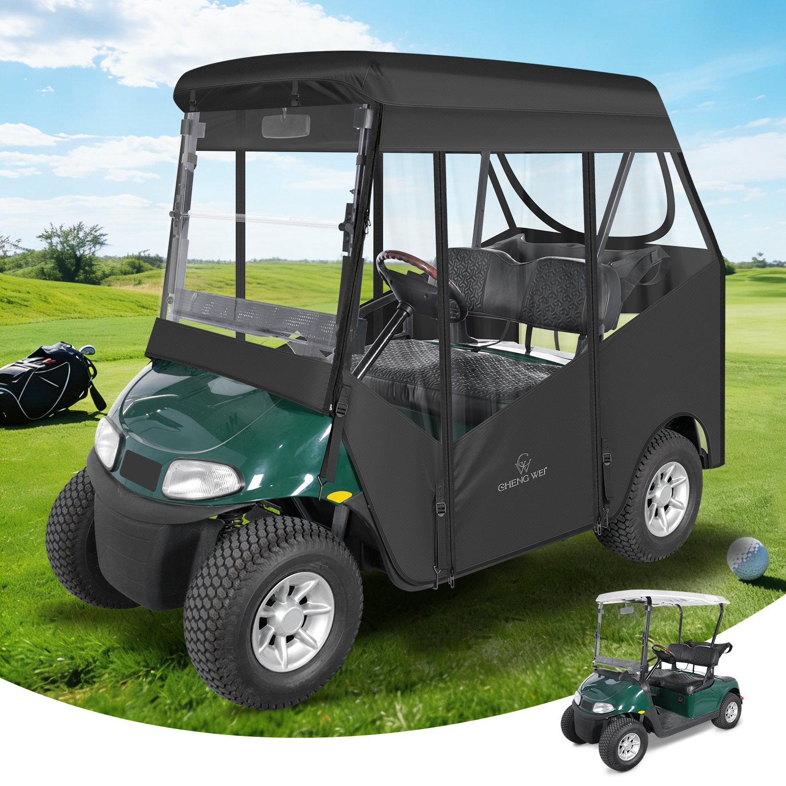 2 Passenger Golf Cart Enclosures for EZGO RXV Full Roll Up Clear Windows & Doors