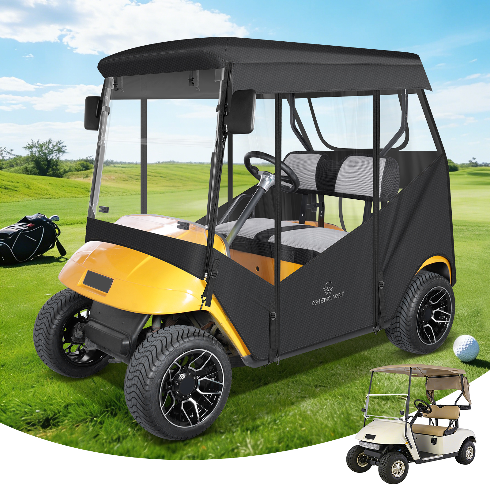 2 Passenger Golf Cart Enclosure for EZGO TXT 600D Waterproof Driving Rain Cover with Full Roll Up Clear Windows & Doors